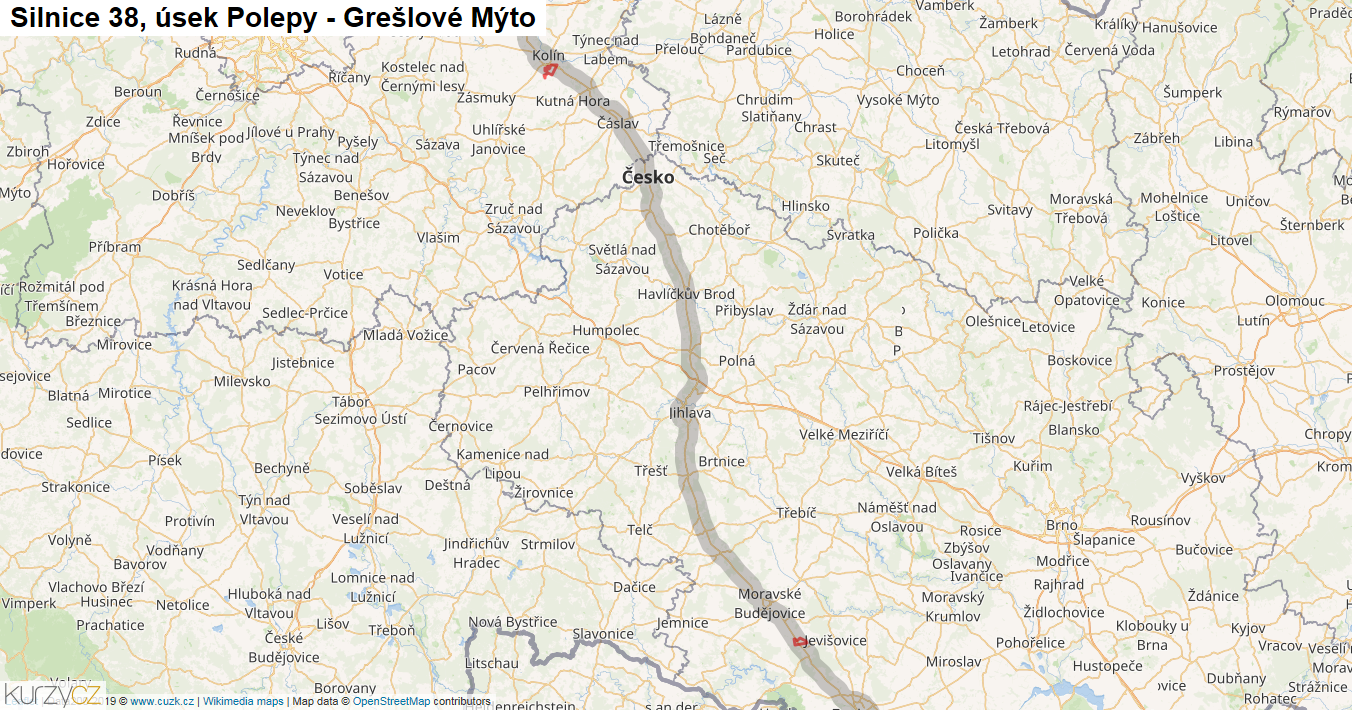 Úsek Polepy - Grešlové Mýto, Silnice 38 - Mapa