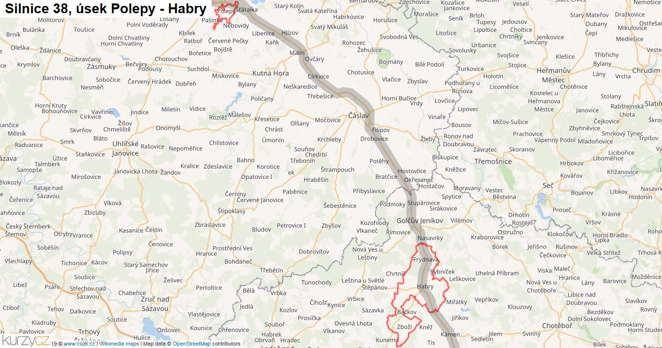 Úsek Polepy - Habry, Silnice 38 - Mapa