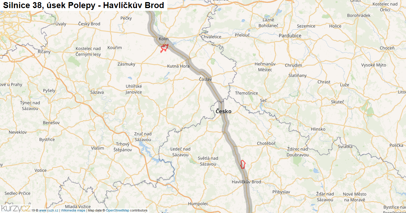 Úsek Polepy - Havlíčkův Brod, Silnice 38 - Mapa