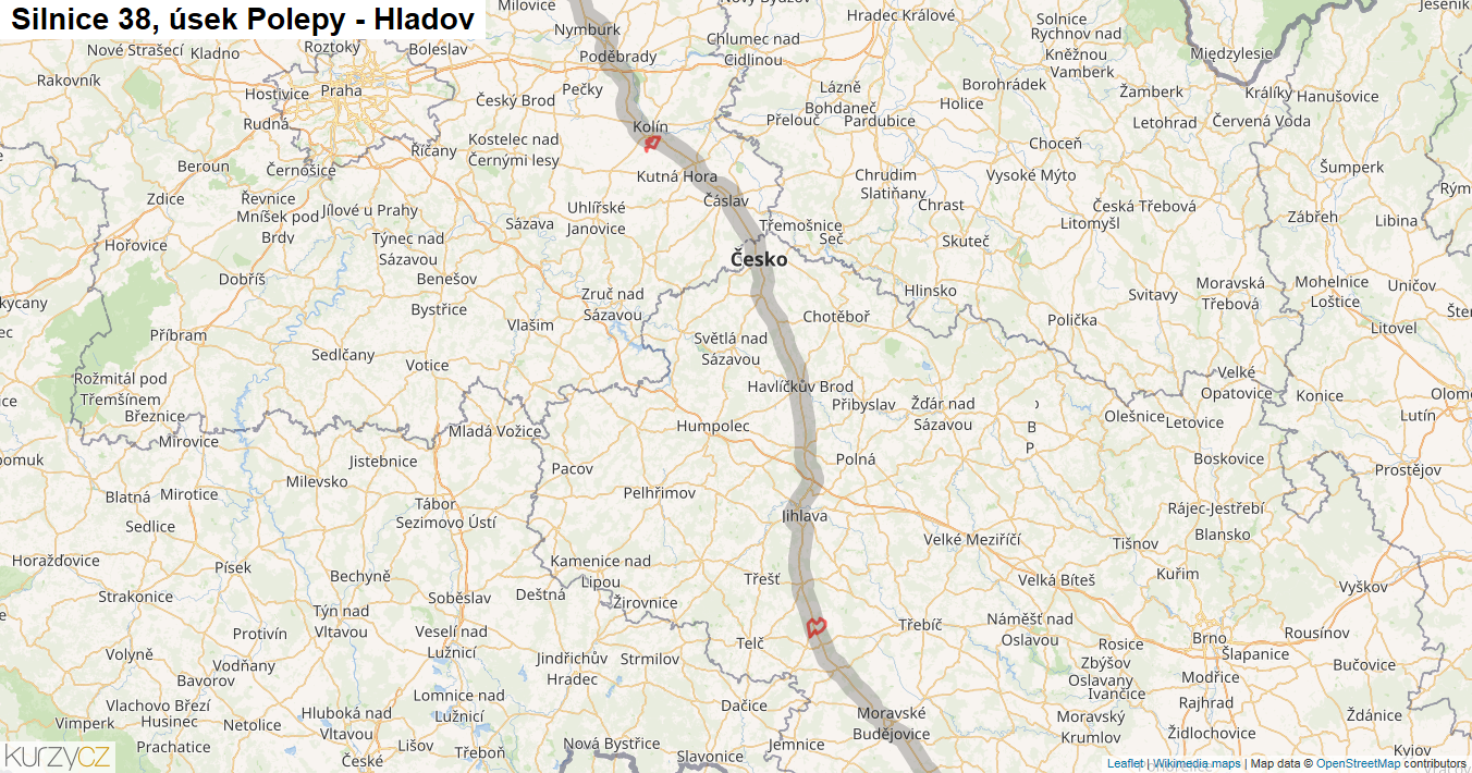 Úsek Polepy - Hladov, Silnice 38 - Mapa