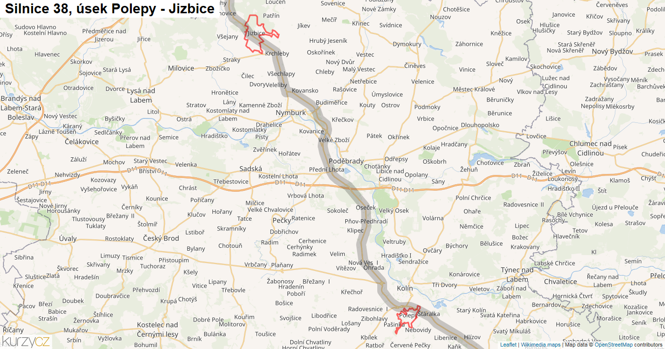 Úsek Polepy - Jizbice, Silnice 38 - Mapa