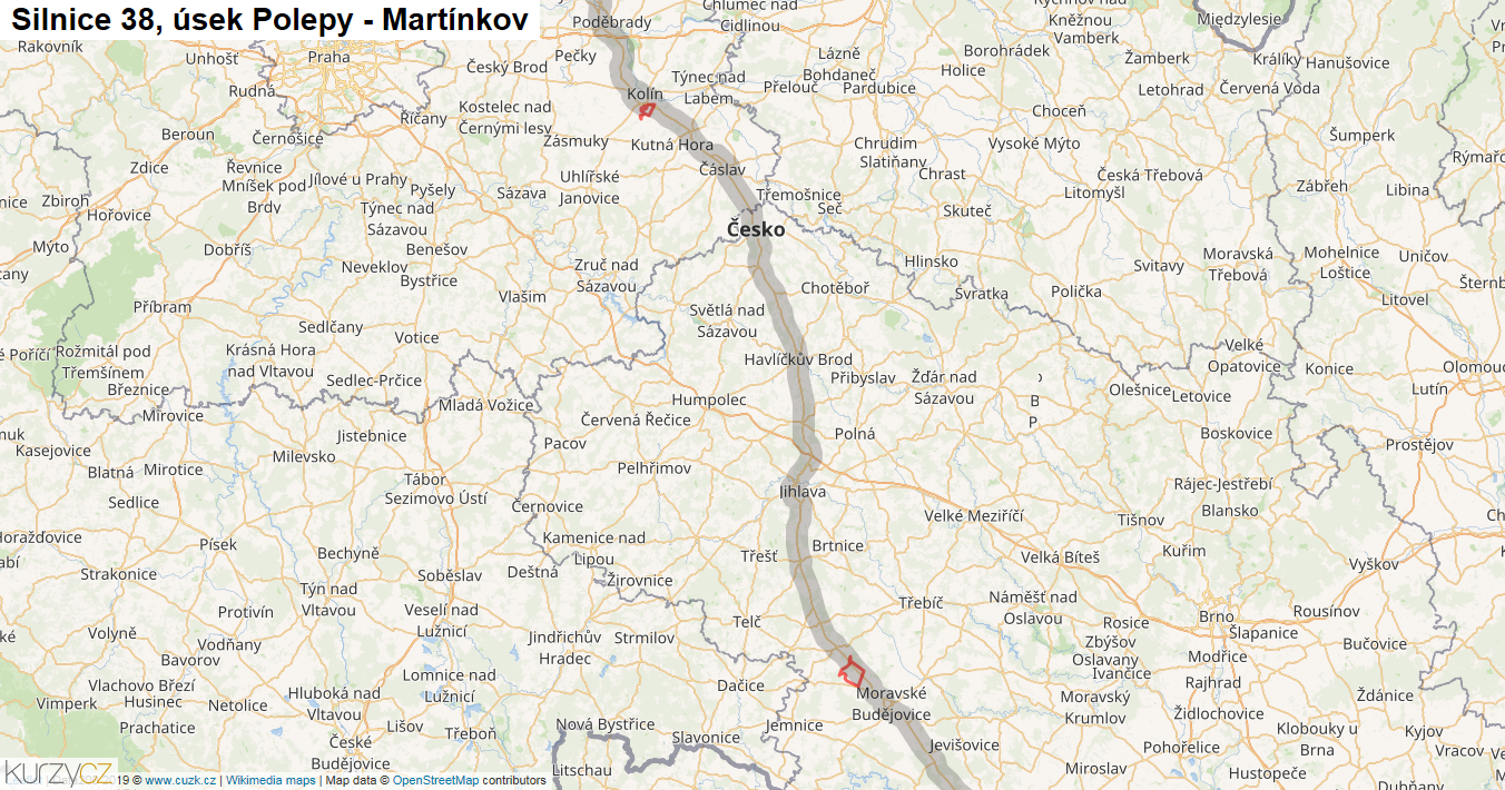 Úsek Polepy - Martínkov, Silnice 38 - Mapa