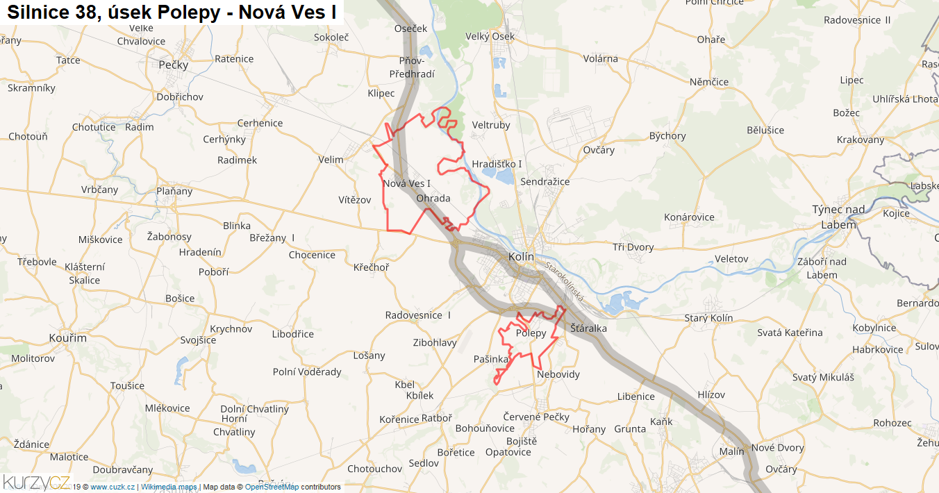 Úsek Polepy - Nová Ves I, Silnice 38 - Mapa