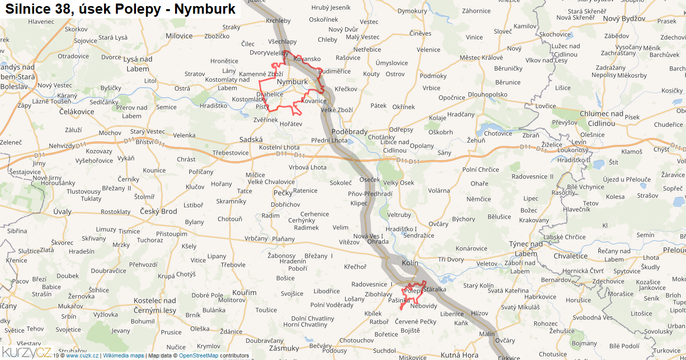 Úsek Polepy - Nymburk, Silnice 38 - Mapa