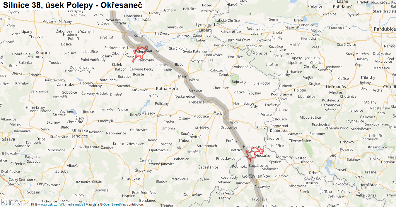 Úsek Polepy - Okřesaneč, Silnice 38 - Mapa