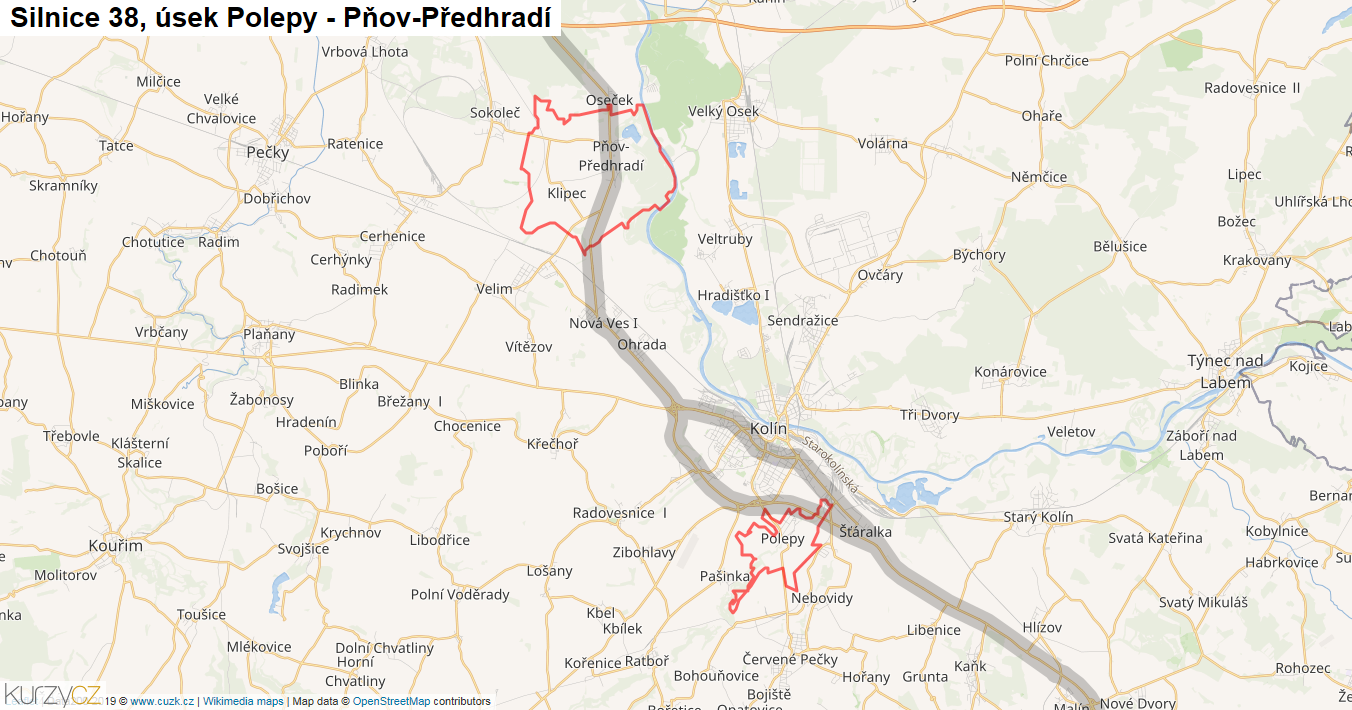 Úsek Polepy - Pňov-Předhradí, Silnice 38 - Mapa