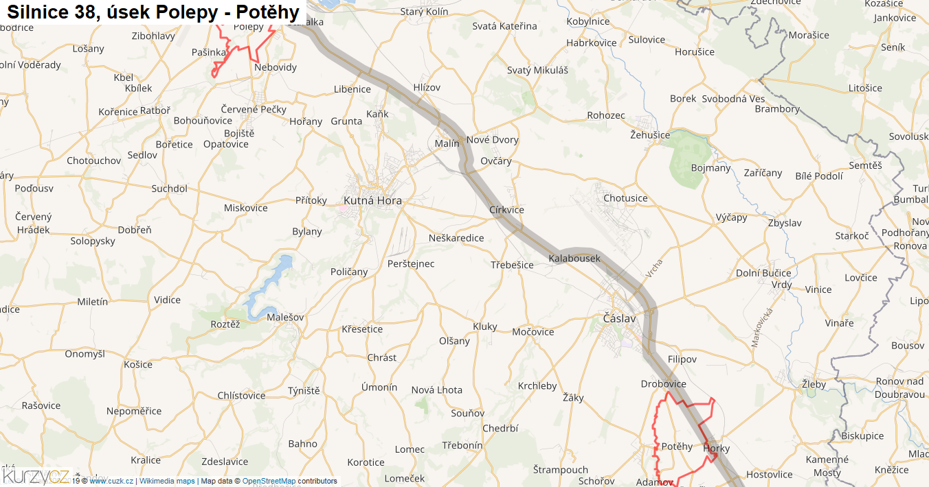 Úsek Polepy - Potěhy, Silnice 38 - Mapa