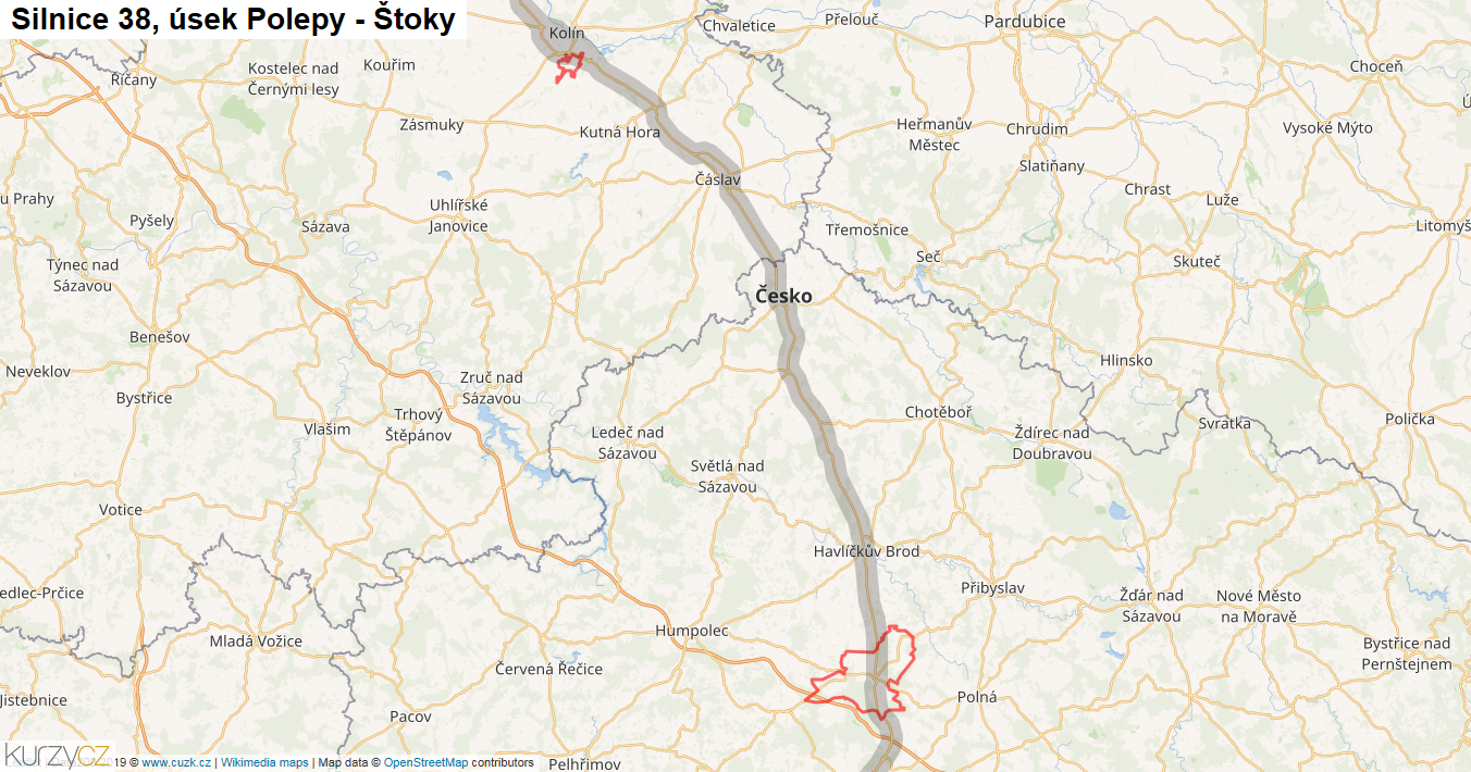 Úsek Polepy - Štoky, Silnice 38 - Mapa