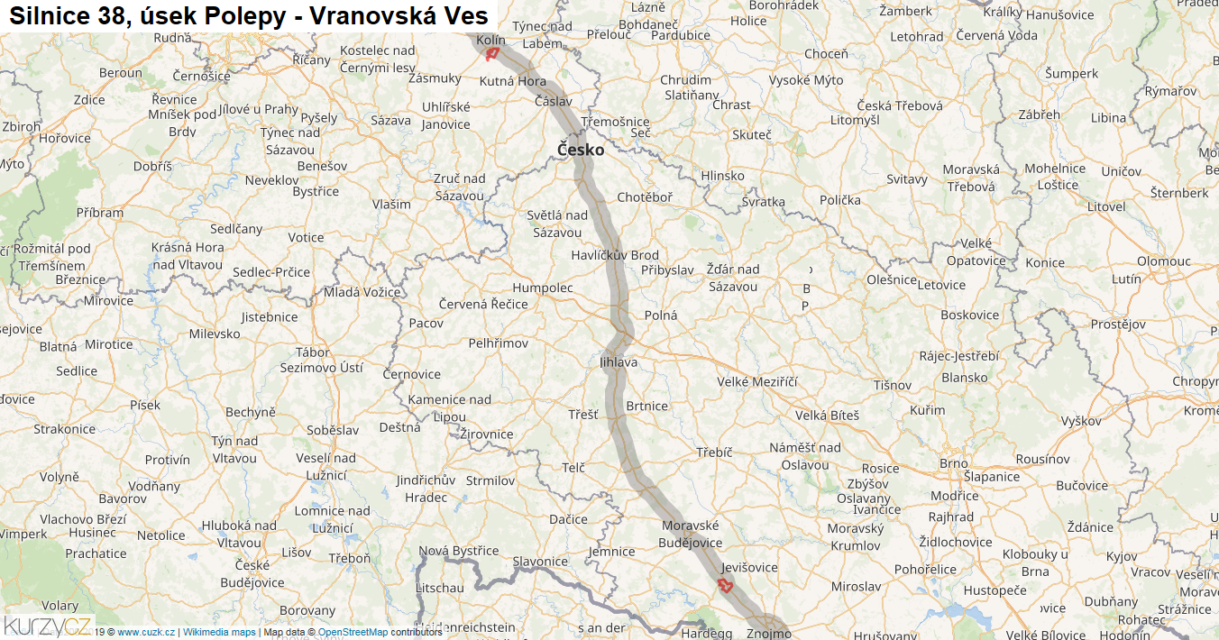 Úsek Polepy - Vranovská Ves, Silnice 38 - Mapa