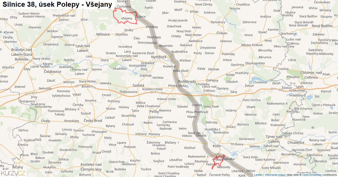 Úsek Polepy - Všejany, Silnice 38 - Mapa