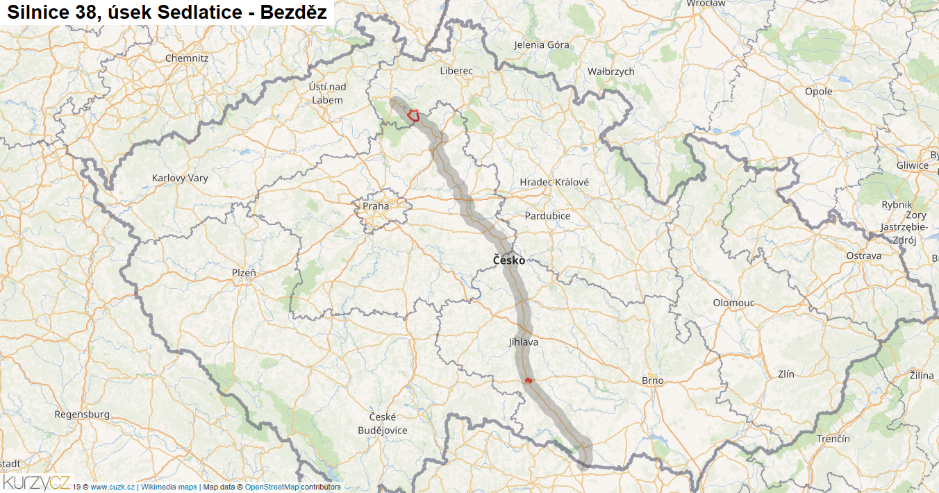 Úsek Sedlatice - Bezděz, Silnice 38 - Mapa