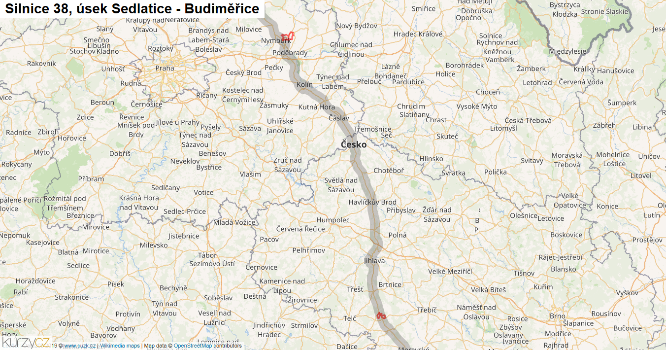 Úsek Sedlatice - Budiměřice, Silnice 38 - Mapa