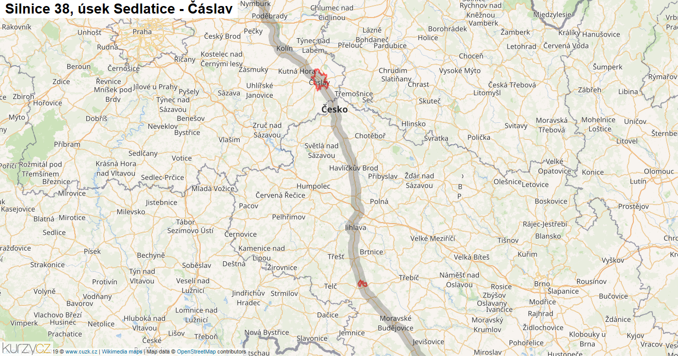 Úsek Sedlatice - Čáslav, Silnice 38 - Mapa
