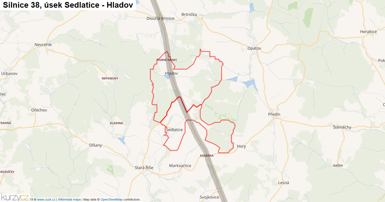 Úsek Sedlatice - Hladov, Silnice 38 - Mapa
