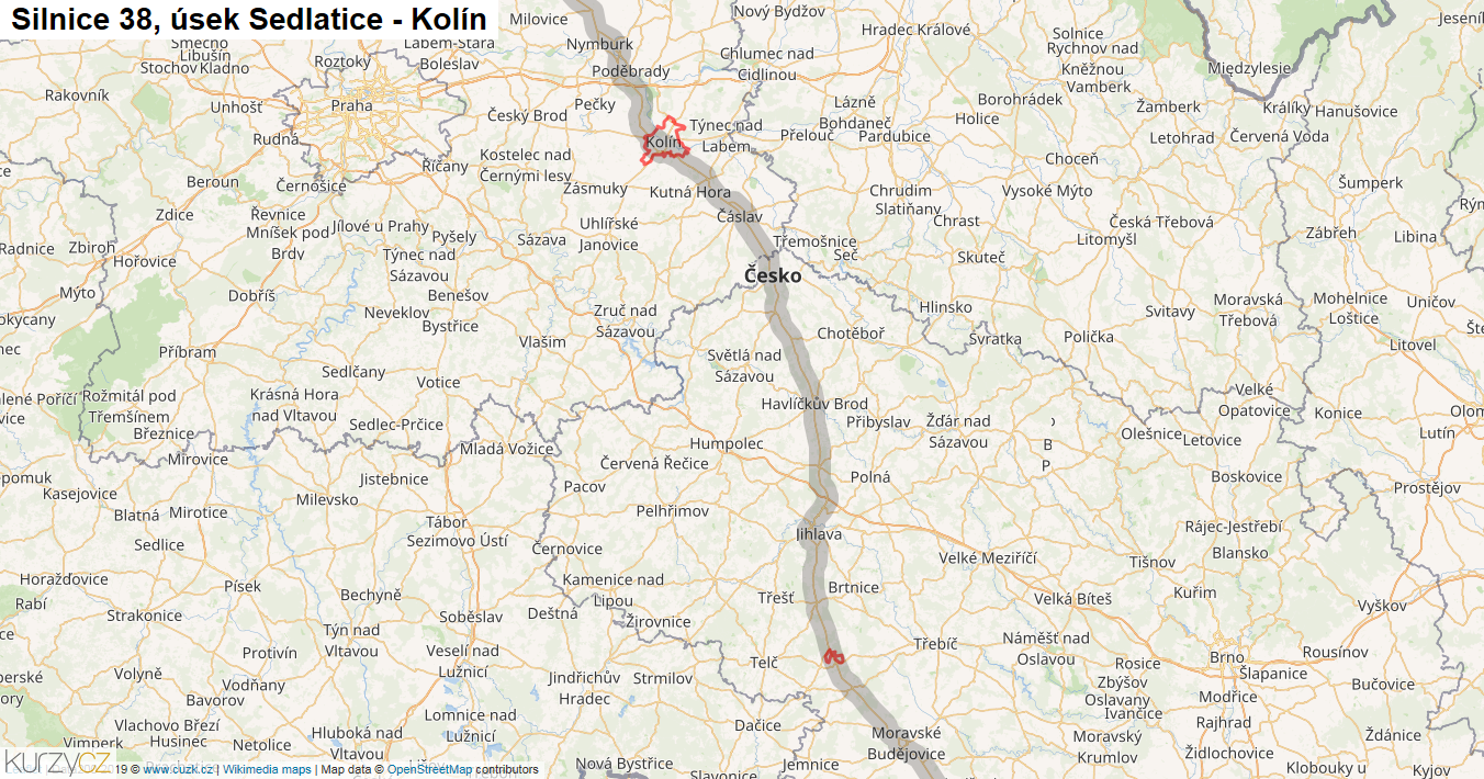 Úsek Sedlatice - Kolín, Silnice 38 - Mapa