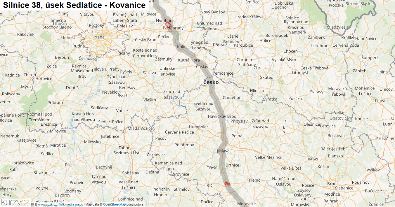 Úsek Sedlatice - Kovanice, Silnice 38 - Mapa