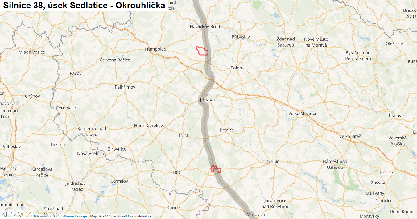 Úsek Sedlatice - Okrouhlička, Silnice 38 - Mapa