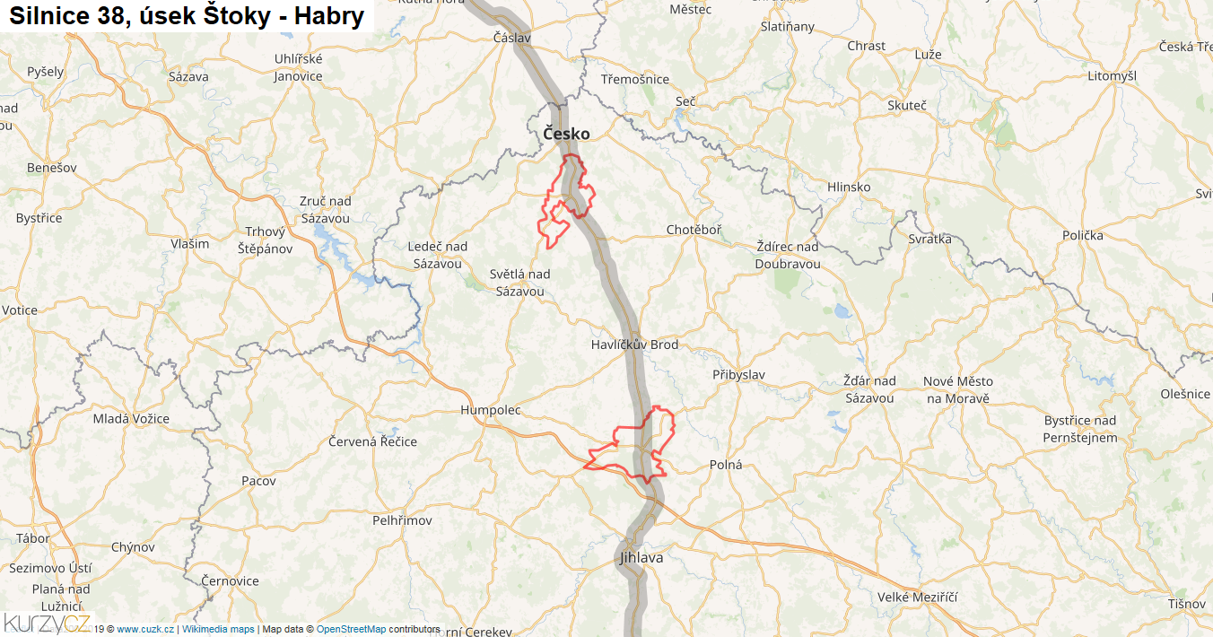 Úsek Štoky - Habry, Silnice 38 - Mapa