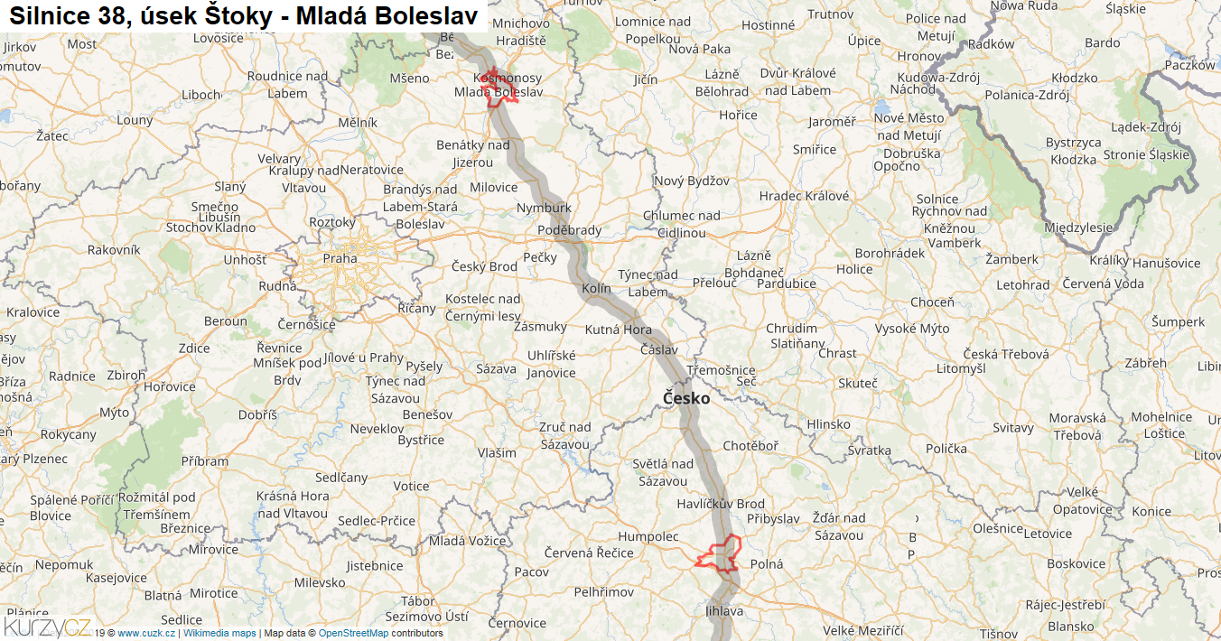 Úsek Štoky - Mladá Boleslav, Silnice 38 - Mapa