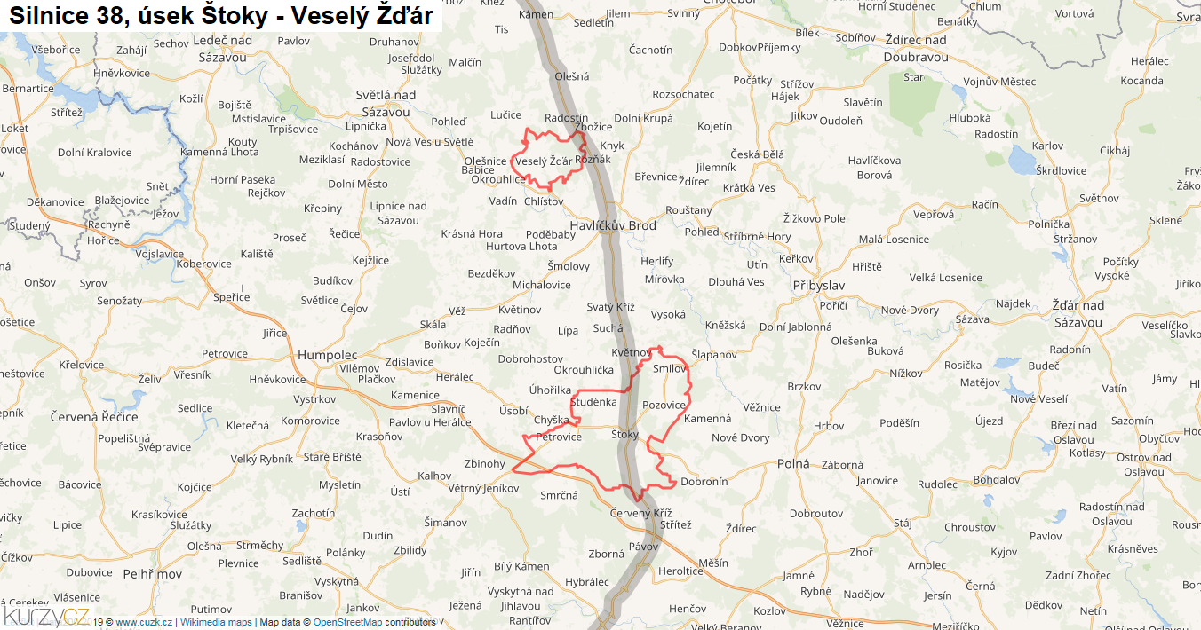 Úsek Štoky - Veselý Žďár, Silnice 38 - Mapa