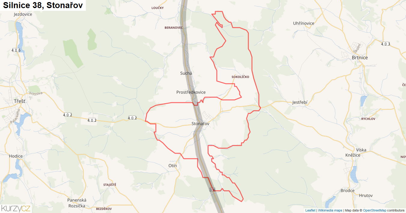Stonařov, Silnice 38 - Mapa