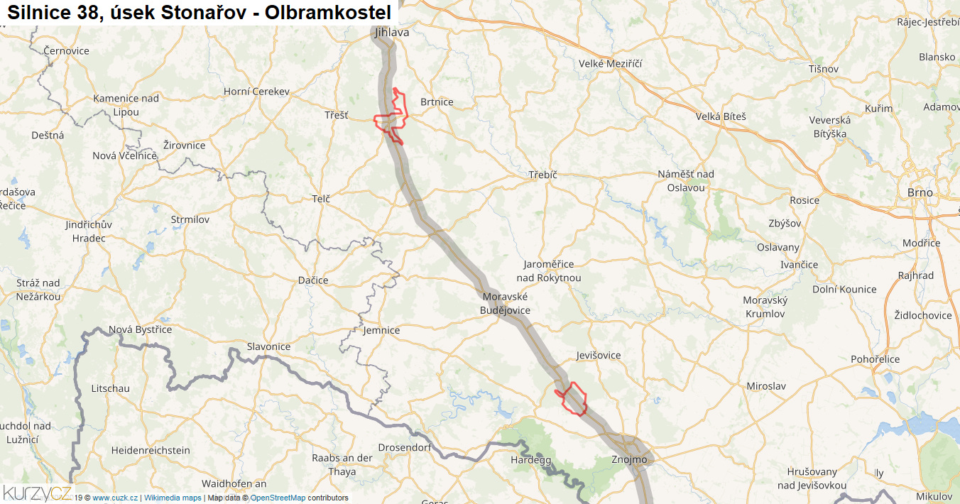 Úsek Stonařov - Olbramkostel, Silnice 38 - Mapa