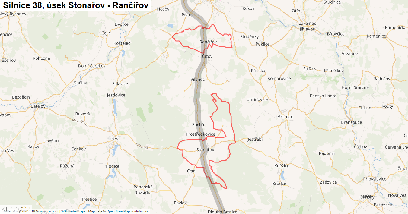 Úsek Stonařov - Rančířov, Silnice 38 - Mapa