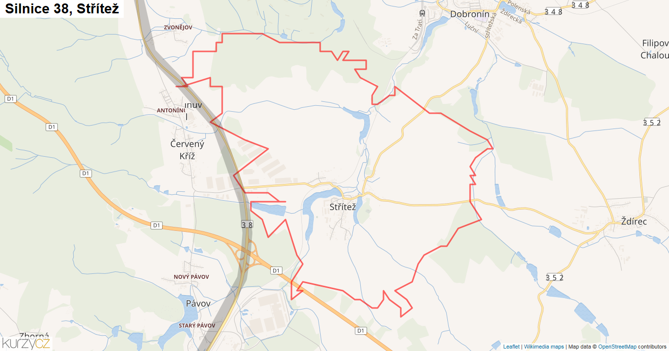 Střítež, Silnice 38 - Mapa