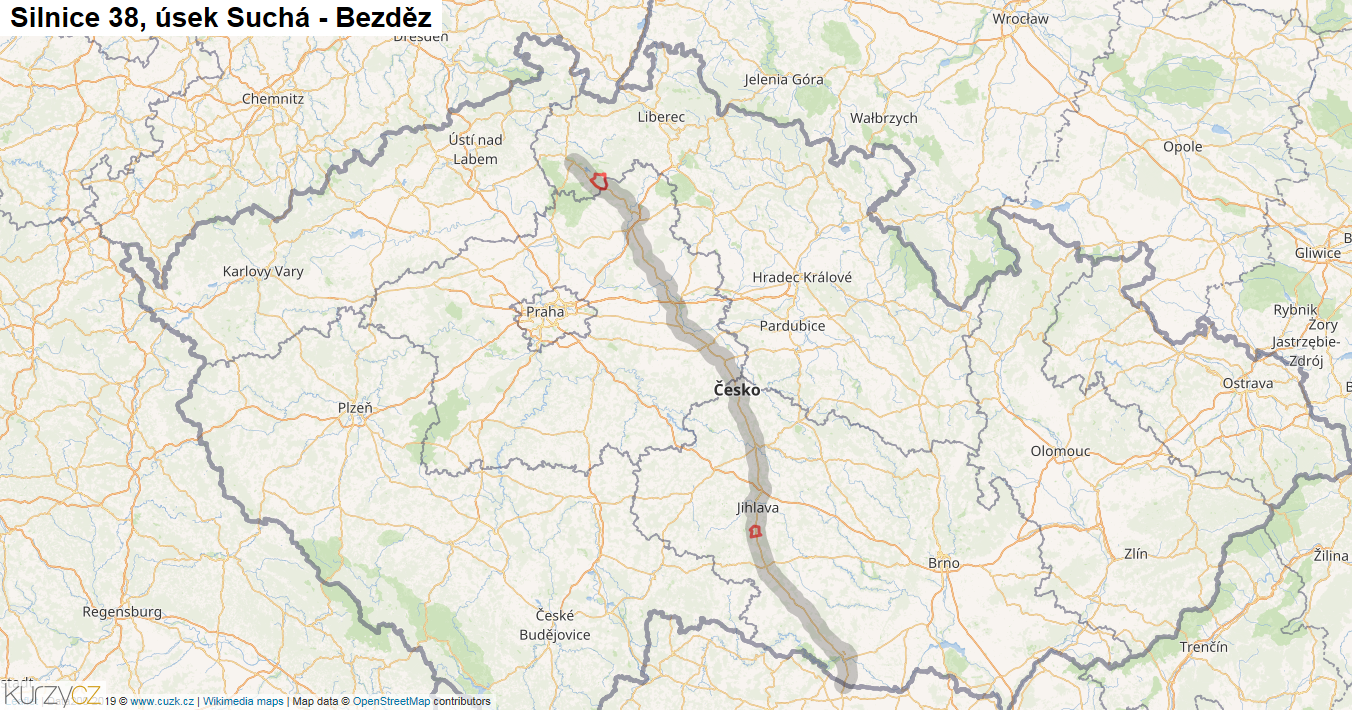 Úsek Suchá - Bezděz, Silnice 38 - Mapa