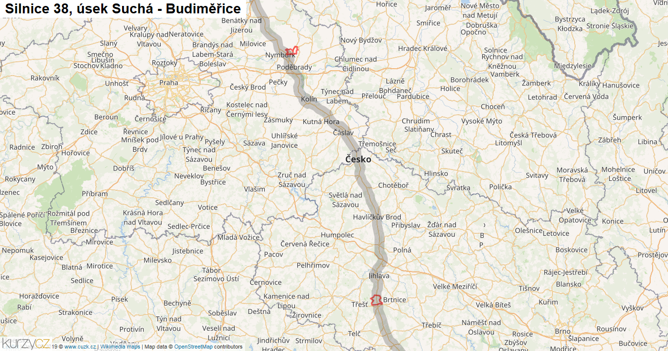 Úsek Suchá - Budiměřice, Silnice 38 - Mapa