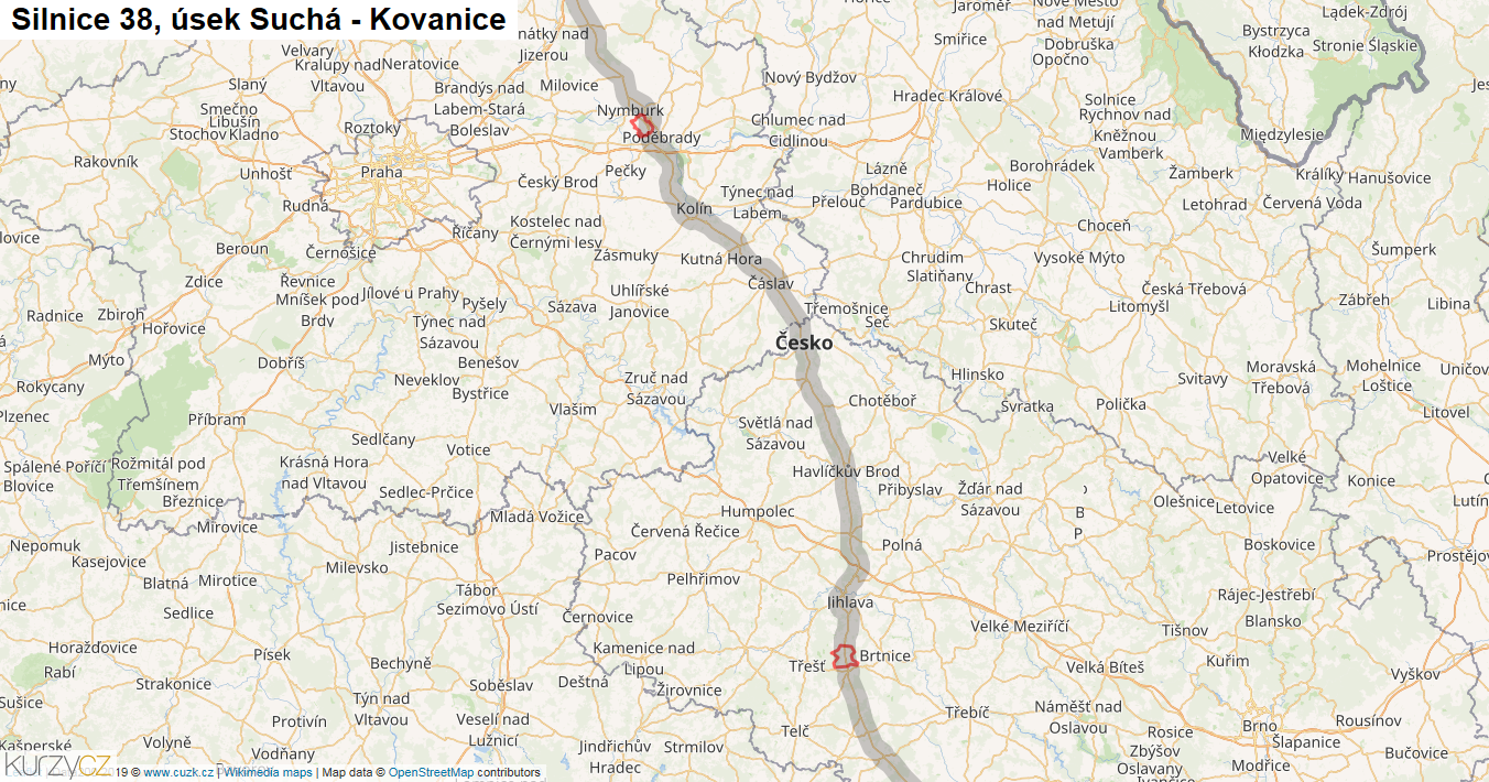 Úsek Suchá - Kovanice, Silnice 38 - Mapa