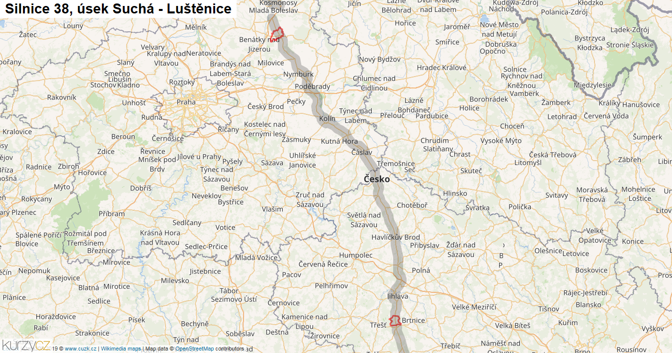 Úsek Suchá - Luštěnice, Silnice 38 - Mapa