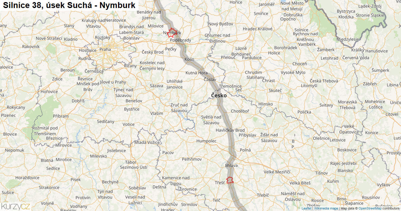 Úsek Suchá - Nymburk, Silnice 38 - Mapa