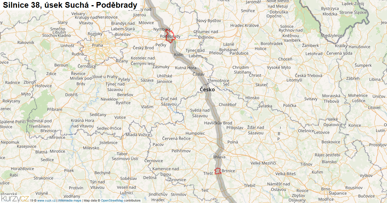 Úsek Suchá - Poděbrady, Silnice 38 - Mapa