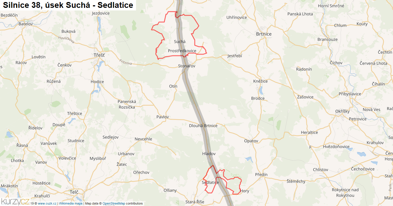 Úsek Suchá - Sedlatice, Silnice 38 - Mapa