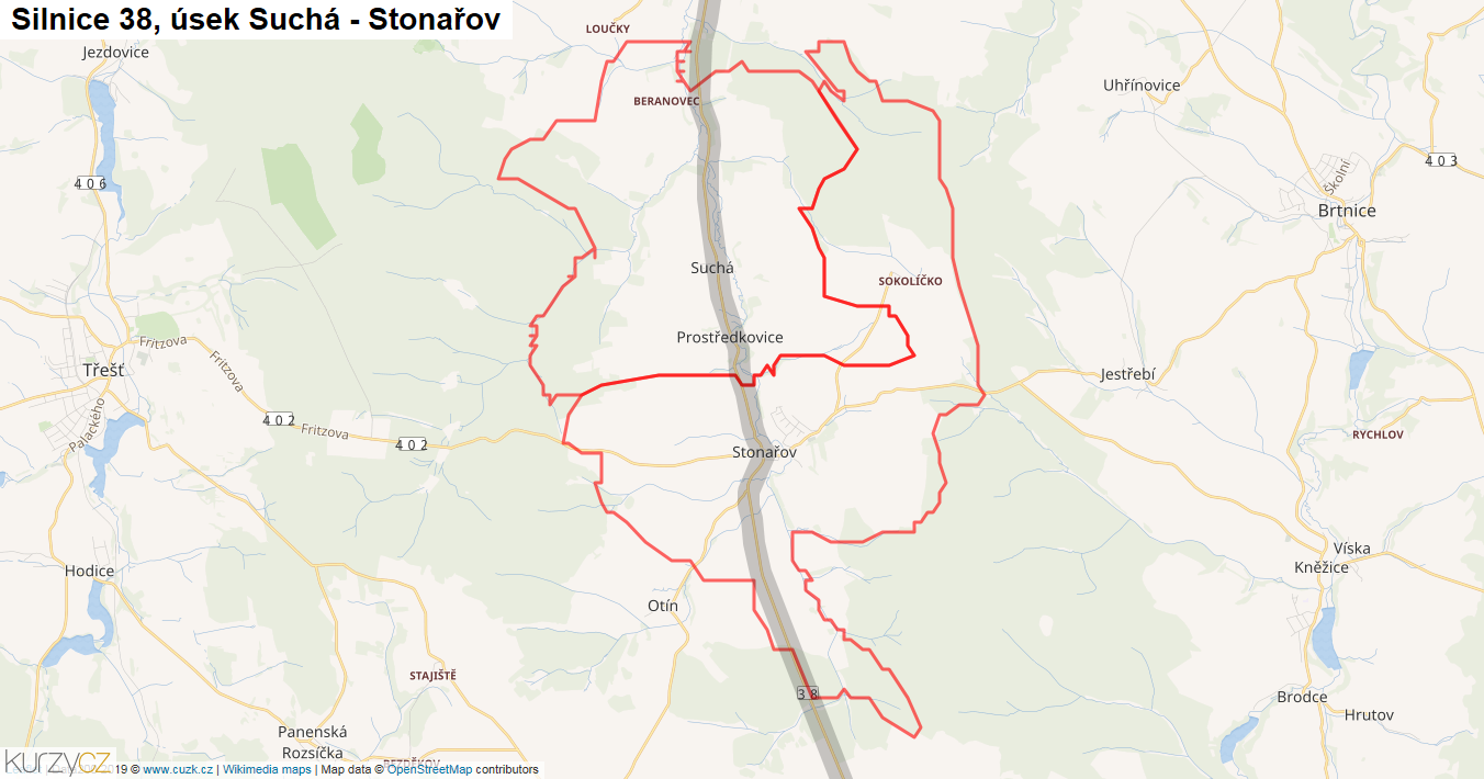 Úsek Suchá - Stonařov, Silnice 38 - Mapa