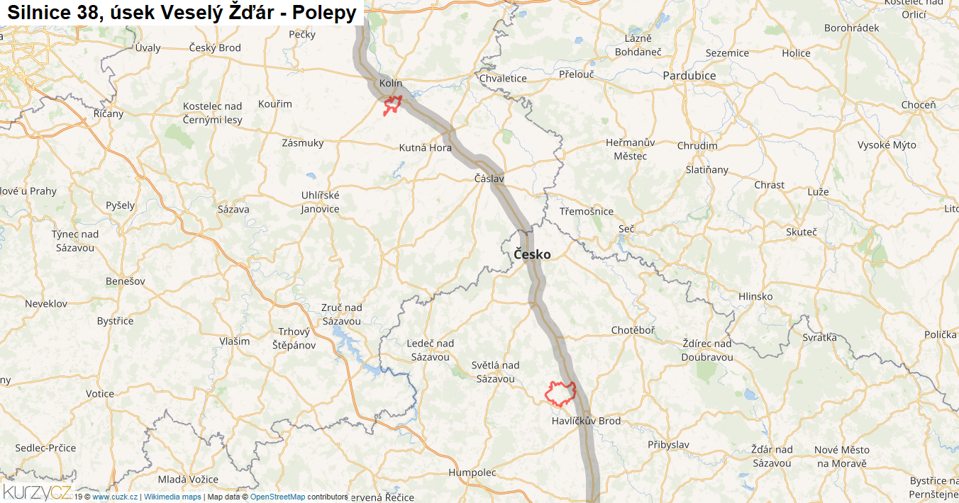 Úsek Veselý Žďár - Polepy, Silnice 38 - Mapa