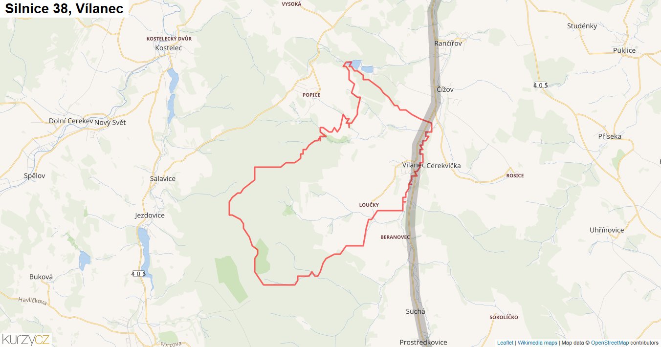 Vílanec, Silnice 38 - Mapa