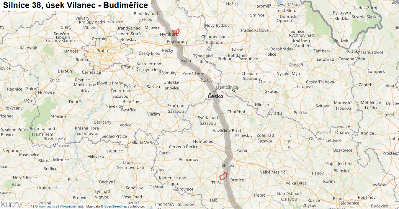 Úsek Vílanec - Budiměřice, Silnice 38 - Mapa