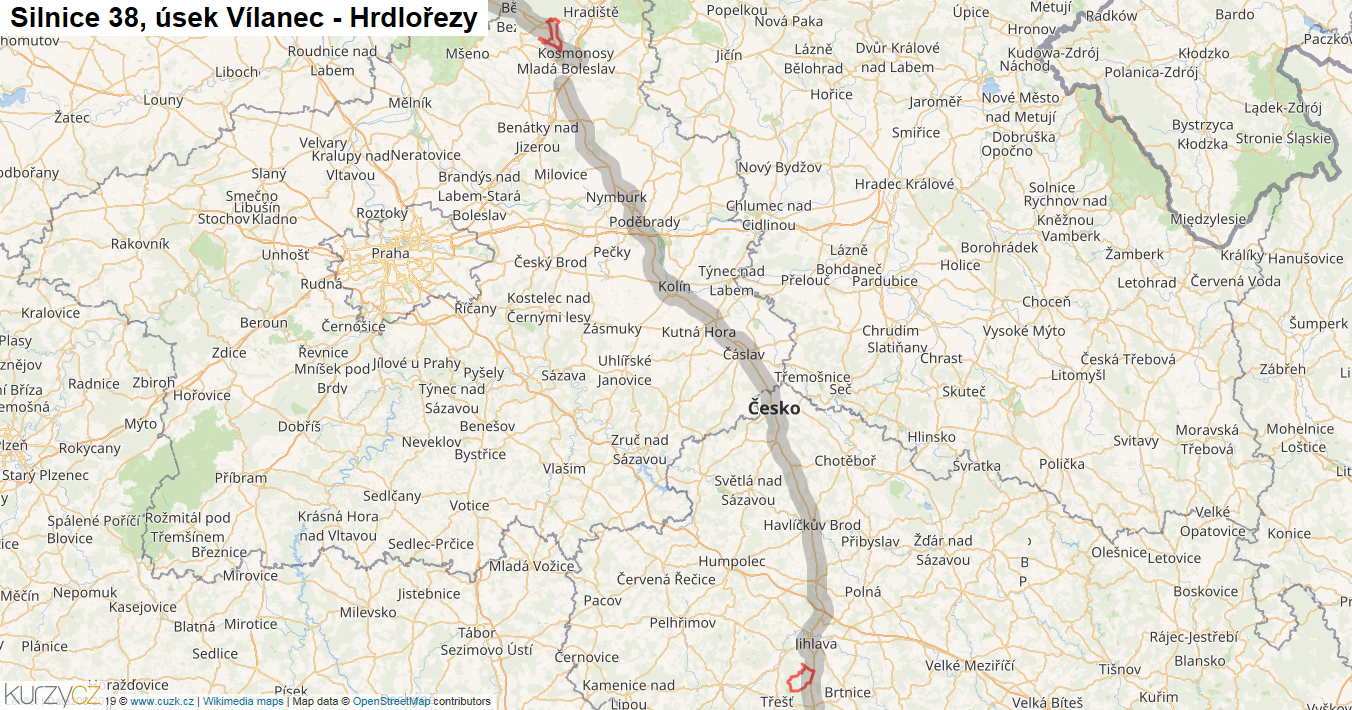 Úsek Vílanec - Hrdlořezy, Silnice 38 - Mapa