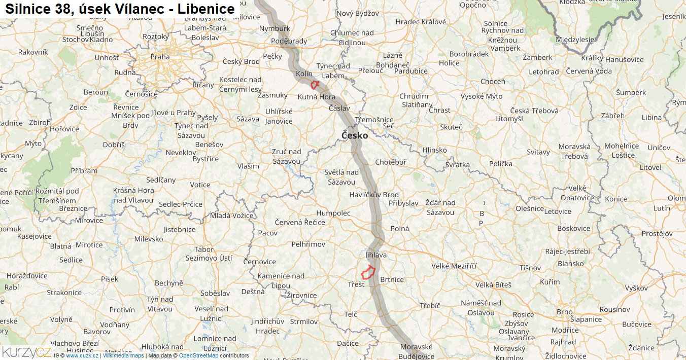 Úsek Vílanec - Libenice, Silnice 38 - Mapa