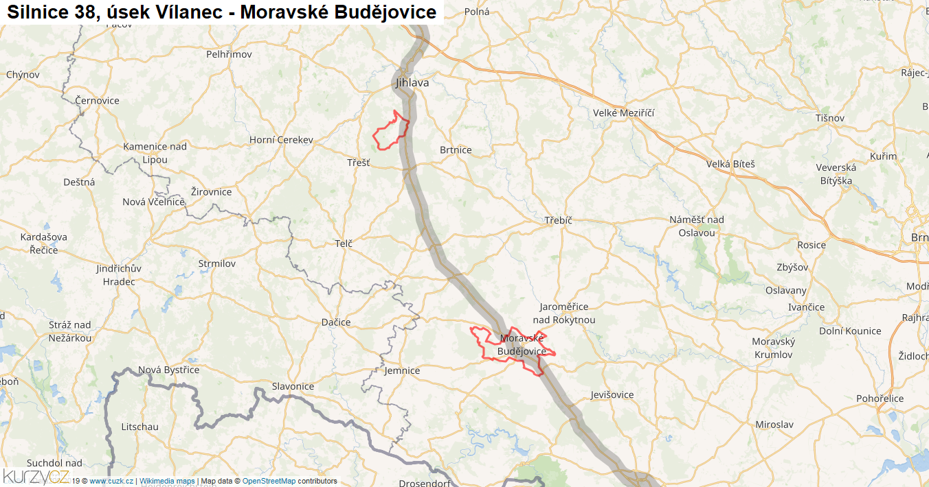 Úsek Vílanec - Moravské Budějovice, Silnice 38 - Mapa