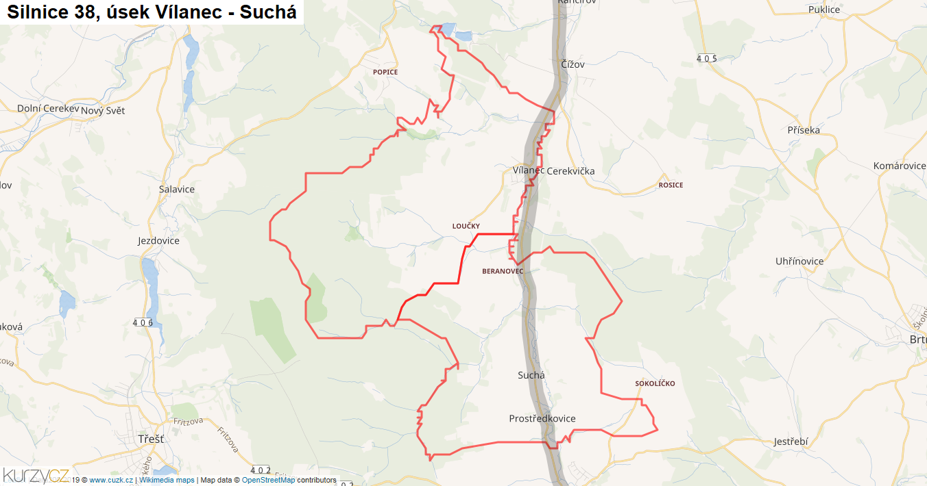 Úsek Vílanec - Suchá, Silnice 38 - Mapa