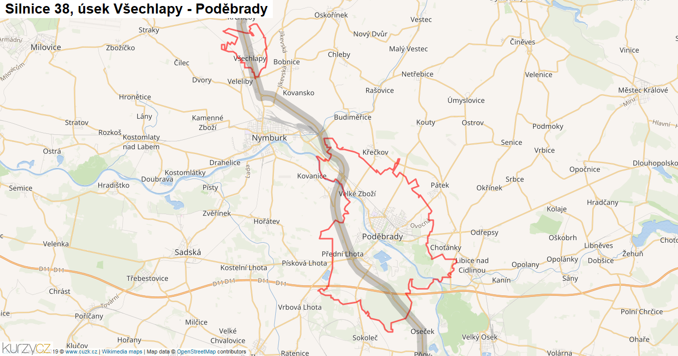 Úsek Všechlapy - Poděbrady, Silnice 38 - Mapa