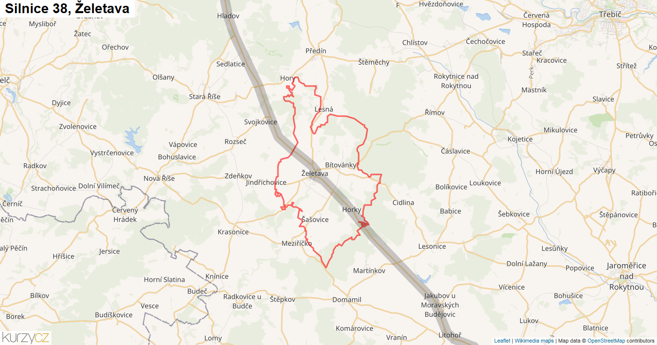 Želetava, Silnice 38 - Mapa