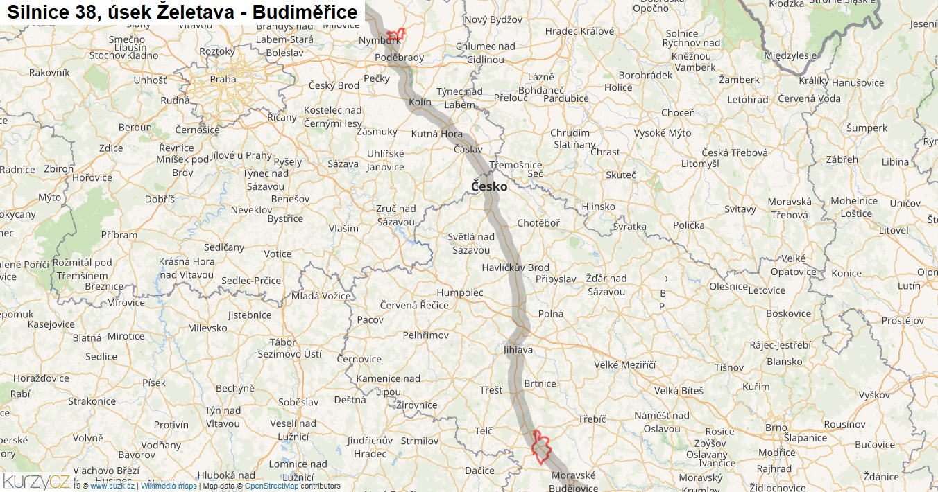 Úsek Želetava - Budiměřice, Silnice 38 - Mapa