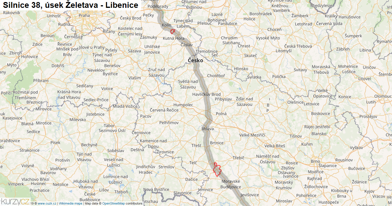 Úsek Želetava - Libenice, Silnice 38 - Mapa