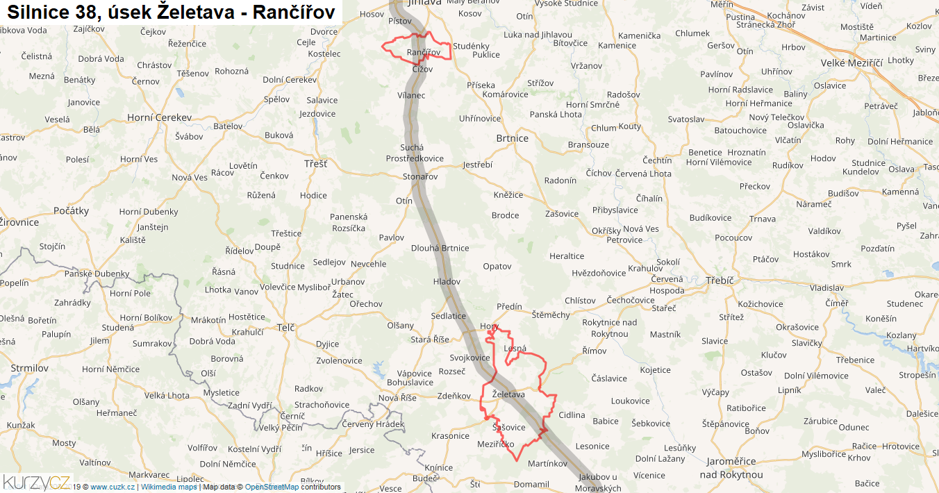 Úsek Želetava - Rančířov, Silnice 38 - Mapa