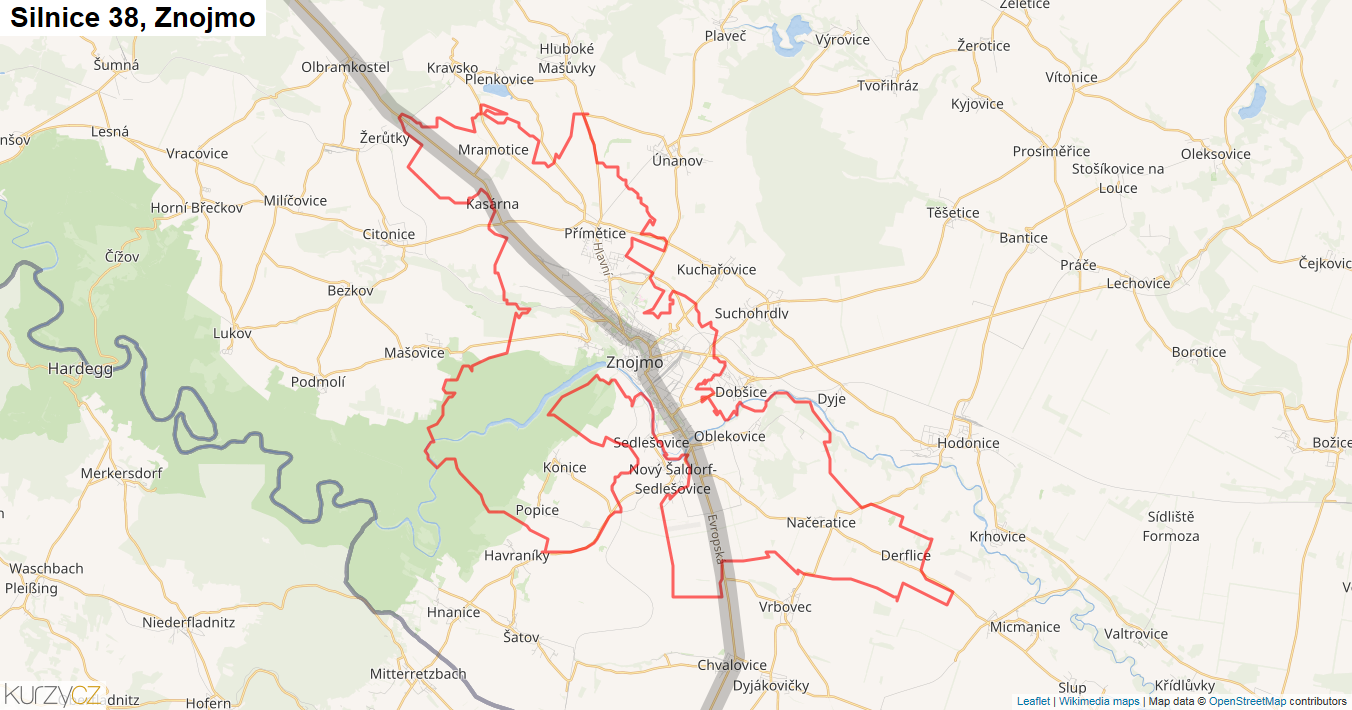 Znojmo, Silnice 38 - Mapa
