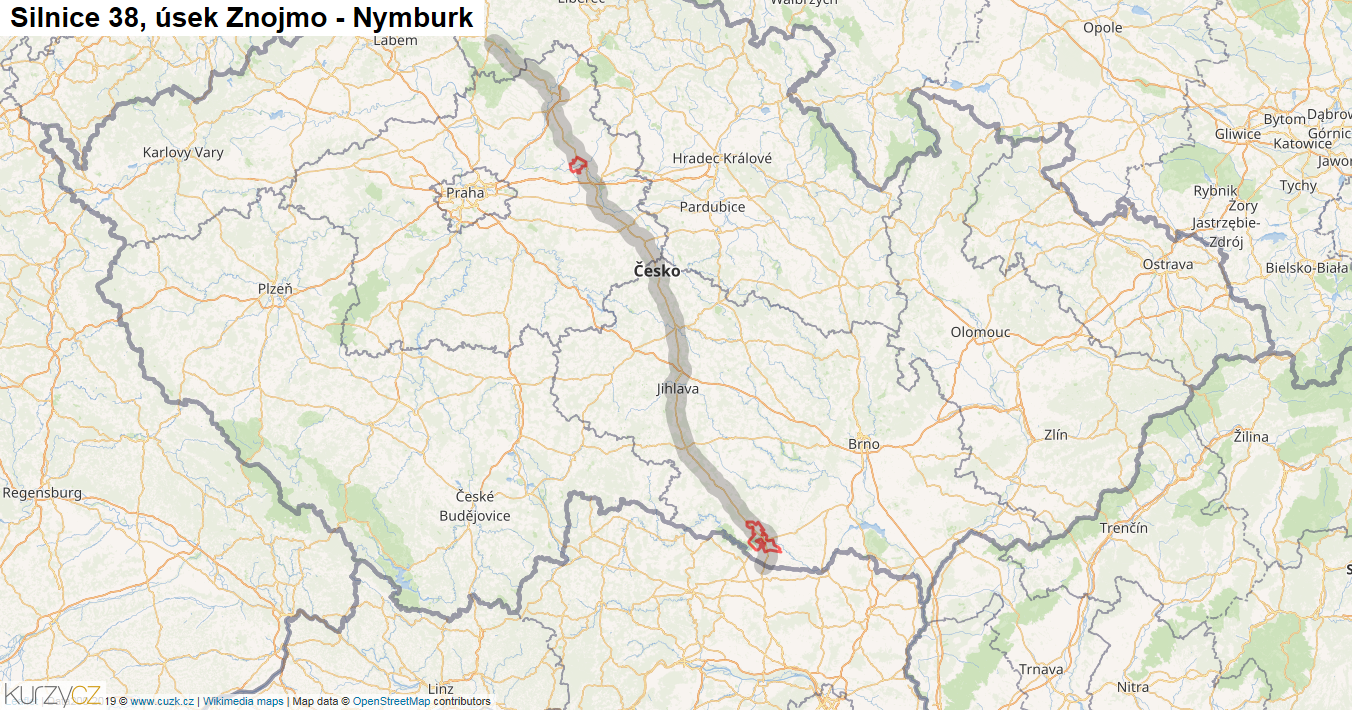 Úsek Znojmo - Nymburk, Silnice 38 - Mapa